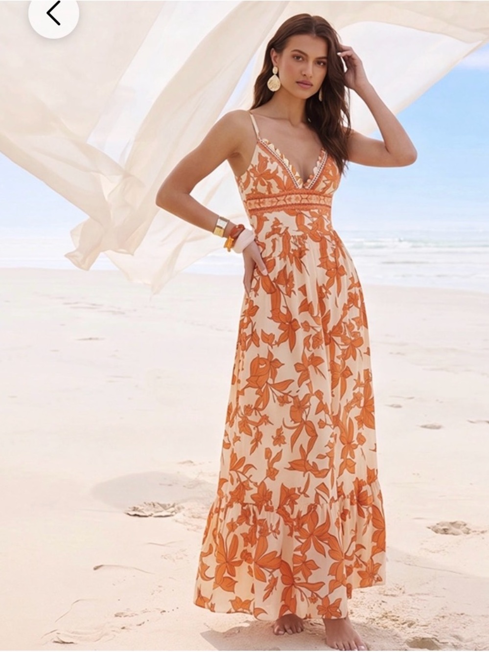 Orange Floral Lace-Trim One-Piece Swimsuit with Maxi Skirt Set - Picture 5 of 6